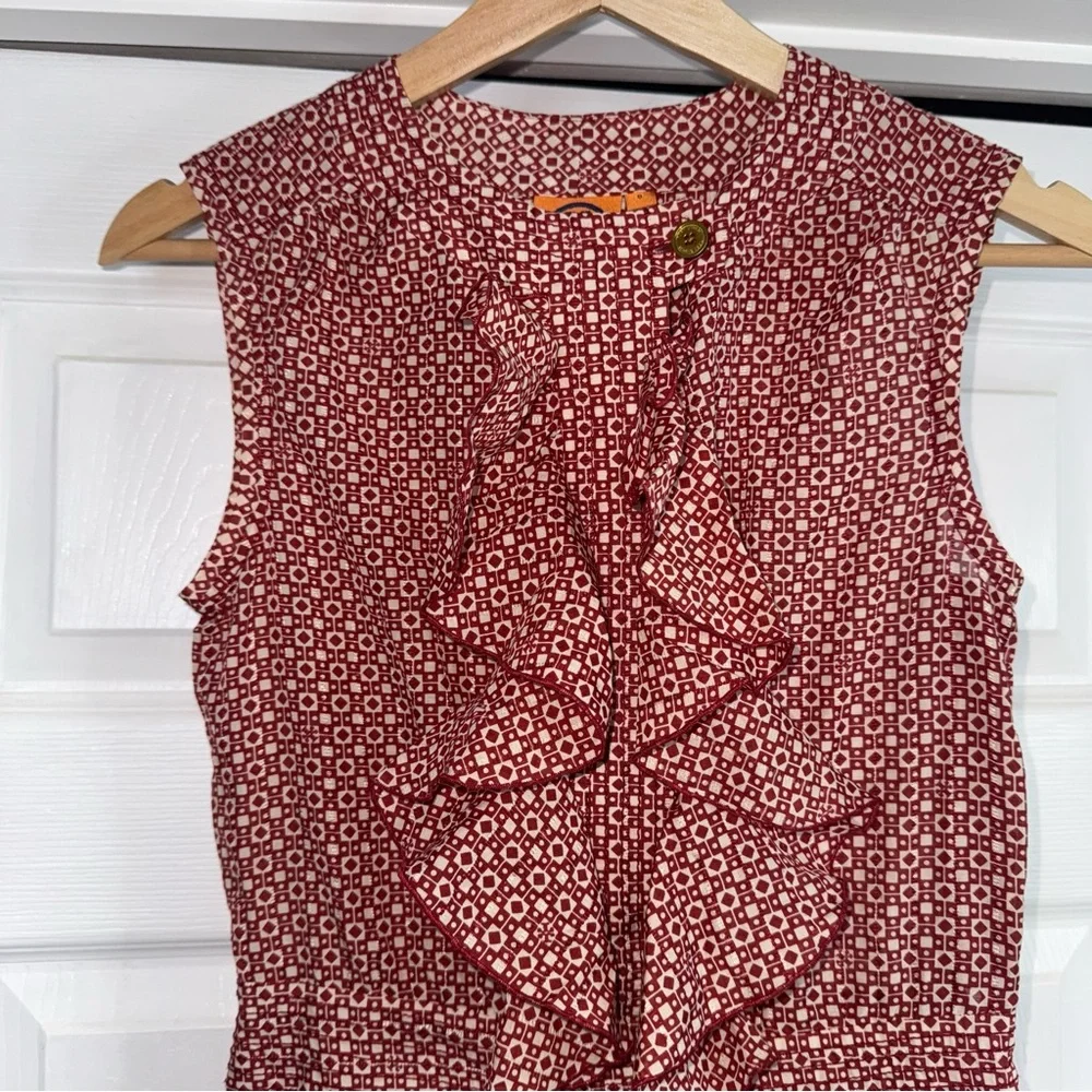 NWT Tory Burch Darilynn Ruffle Sleeveless Dress 0 Brick Red Silk Cotton